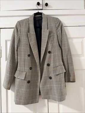 Zara Black & Cream Checked Double-Breasted Blazer